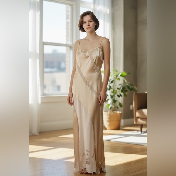 La Perla Made in Italy Long Gold Silk Slip Gown Lace & Floral Embroidery Dress M - Picture 5 of 13